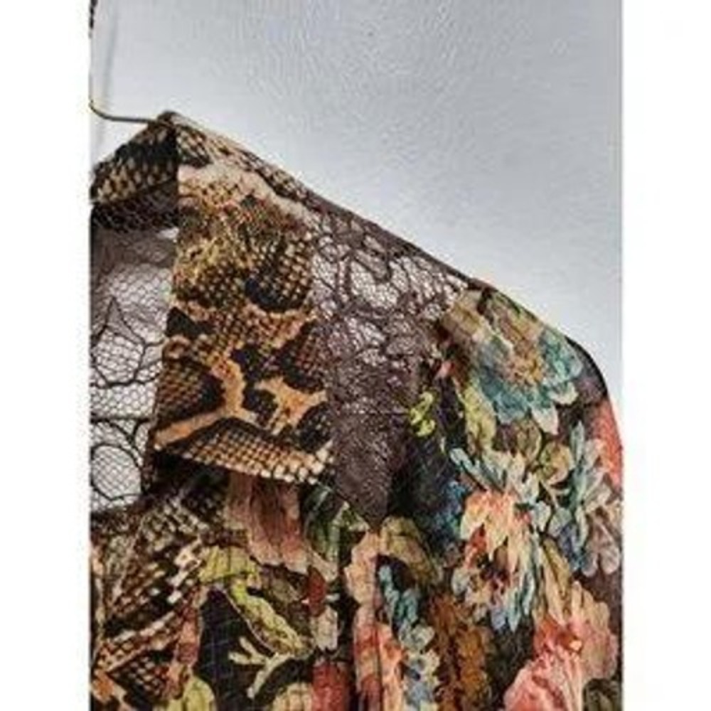 VTG Y2K Dressbarn BOHO Blouse Womens S Brown Floral Snakeskin Lace Trim Chiffon - Picture 3 of 9